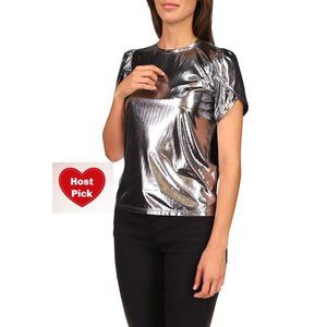 Michael Kors Foil Jersey Petal Sleeve Top Silver Metallic Round Neck. Size XS